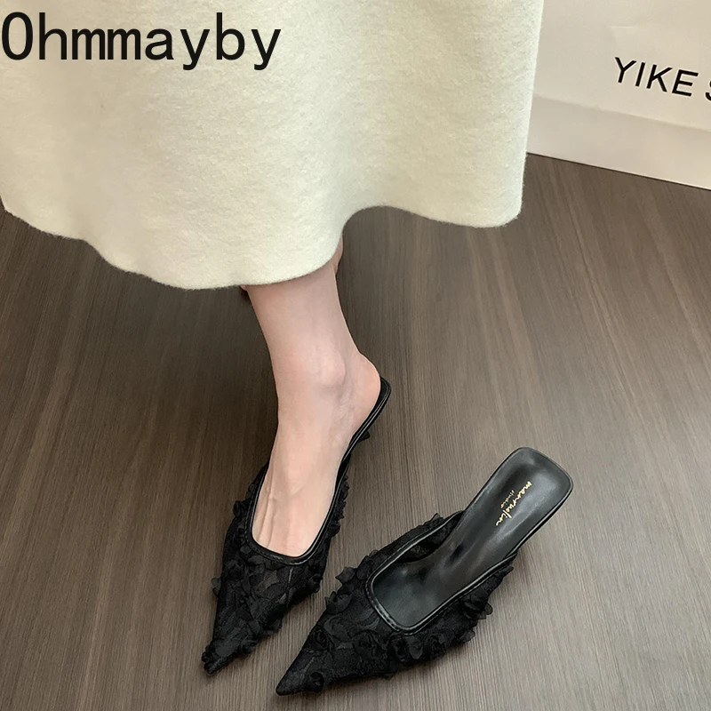 2025 Summer Concise Pointed Toe Women Slippers Fashion High Heels Party Pumps Mules Slide Shoes image 6