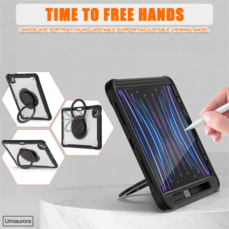 For IPad Air 4 5 10.9 Mini 6 Pro 11 12.9 13 inch M2 M4 2024 Tablet Case 360 Rotation Hand Ring Stand Strap Kid Shockproof Cover