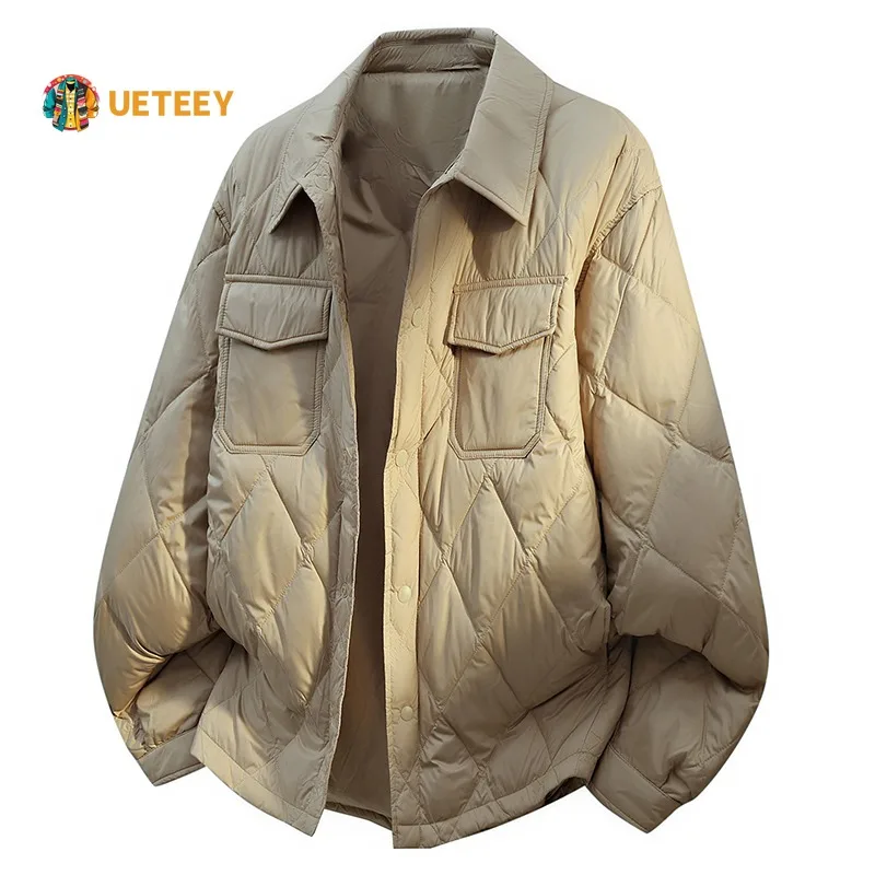 UETEEY 2025, neue leichte weiße Entendaunenjacke für Herren, Umlegekragen, lockere Passform, urbane Freizeit, Winter, warmer Freizeitmantel für Herren