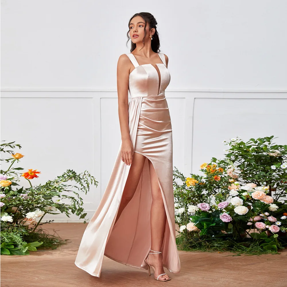 

Yeinchy sexy women straps backless strecth Satin Maxi split Dress ladies evening dress Gown Royal Draped Long Dress NF2302