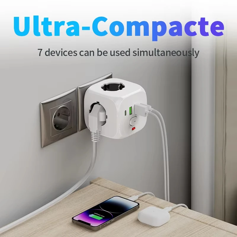 1 7-in-1 EU power strip, power strip surge protector with 3 AC Outlets 2 USB Ports And 2Type C, Cube Socket for Home