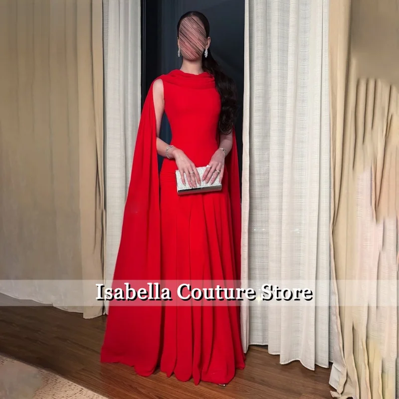 빨간색 파티 드레스 주름 장식이 있는 이브닝 드레스 케이프가 있는 A라인 소매 갈라 드레스 맞춤형 이브닝 드레스
