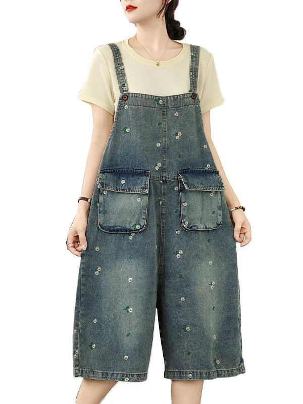

Summer 2025 New Sle Embroidered Casual Denim Overalls Large Size Personali Faion Straight Leg Five-Quarter Pants