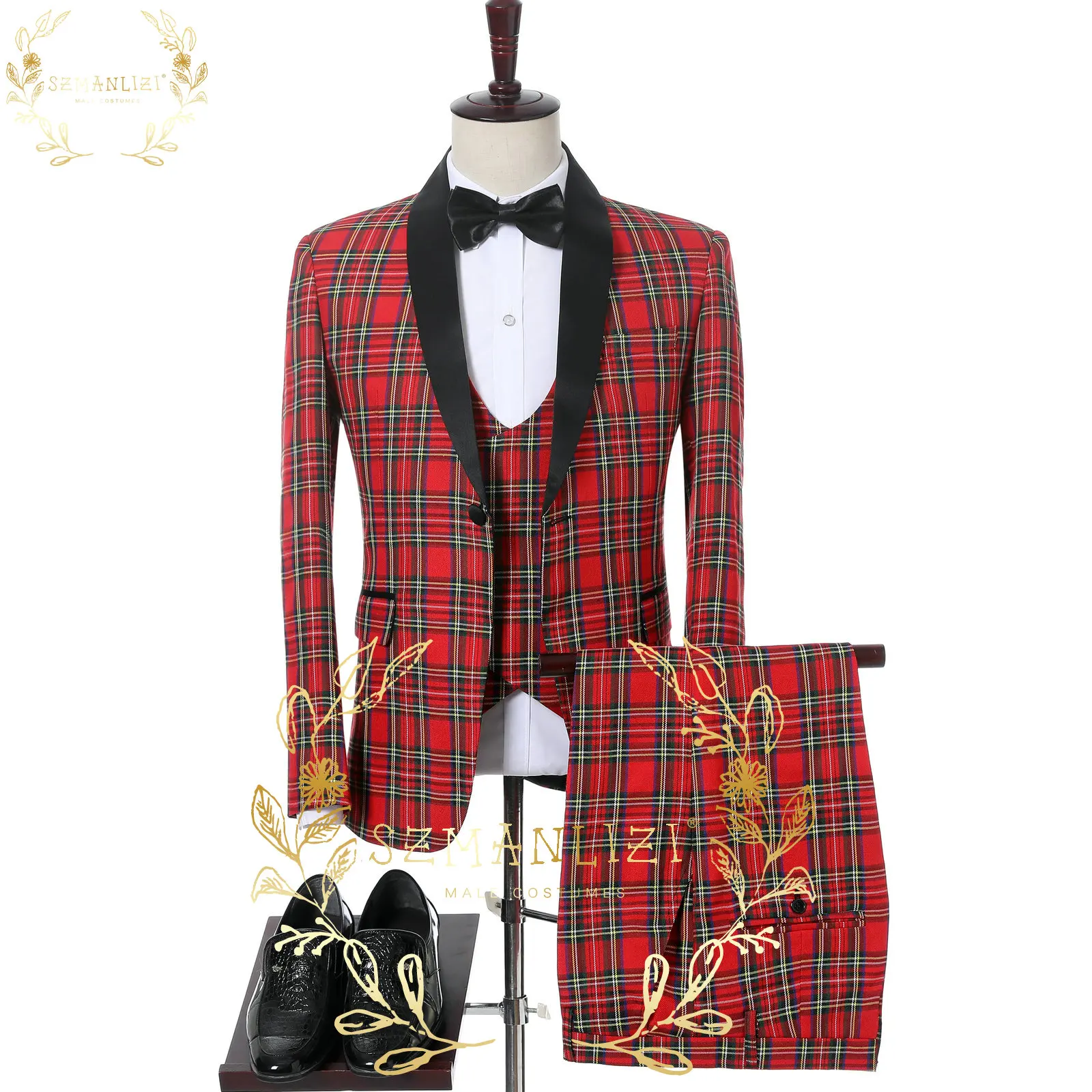 

2023 Fashon Italian Design Red Plaid Morning Dinner Suit Men Slim Fit Groom Wedding Dress Men Wedding Suits 3 Piece Mens Tuxedo