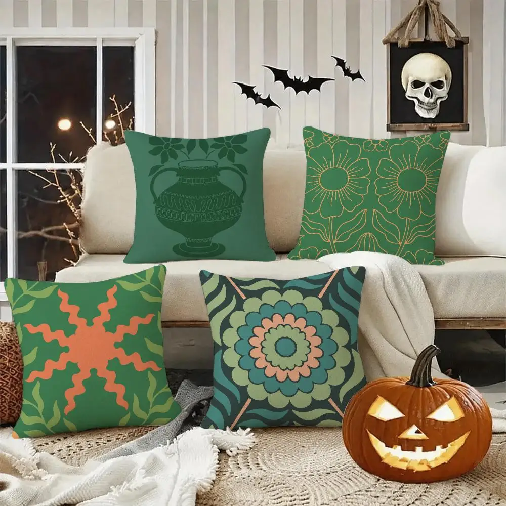 Bohemia Green Classic Cushion Cover Halloween decoration trick or treat cushion cover, ghost, pumpkin head, bat decoration