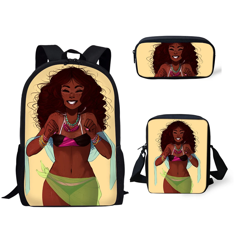 Classic Black African Girls 3D Print 3pcs/Set pupil School Bags Laptop Daypack Backpack Inclined shoulder bag Pencil Case