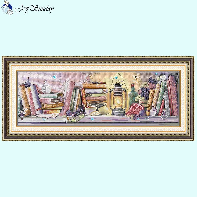 Oil Lamp Bookshelf Still Life Motif Cross Stitch Kit Aida 14 16 11CT White Printed Fabric Needlework Embroidery Home Decor Gifts