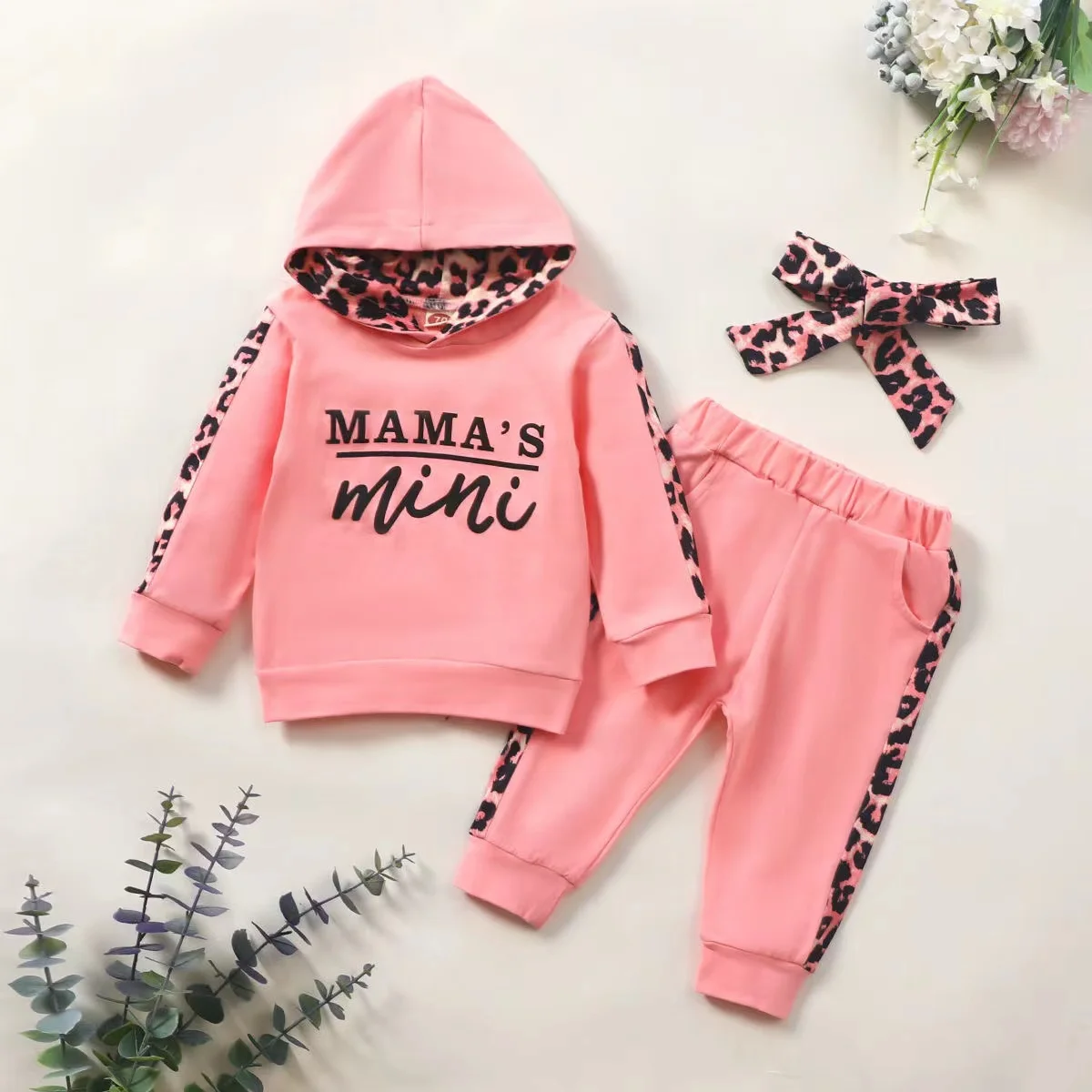 Baby Girls Autumn Winter Clothes Tracksuit Letter Long Sleeve Hoodies Tops and Leopard Stitching Long Pants with Headband 3PCS