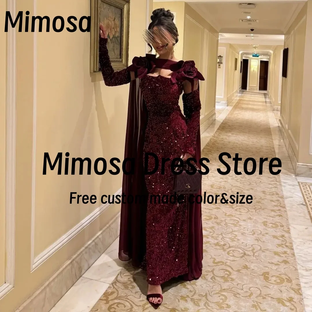 Mimosa Burgundy Prom Dresses Handmade Flowers Neckline Evening Party Dress Shoulder Flutters Long Sleeves فساتين سهرة Customized