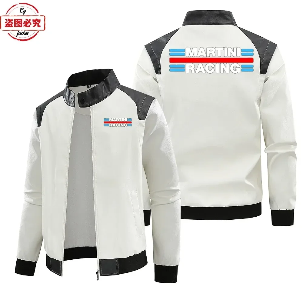 Martini Racing Logo Printed Racing Suit PU Leather Jacket Windproof Men's Contrasting Leather Jacket Team Uniform Work Uniform