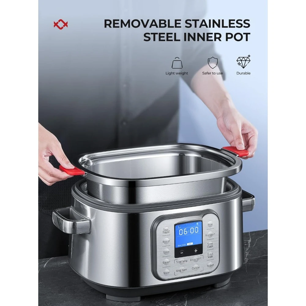 6 Quart 10-in-1 Programmable Slow Cooker With Stainless Steel Pot & Glass Lid And LED Display, Slow Cookers