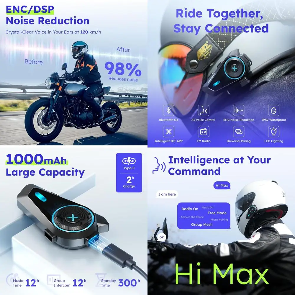 

D10 Motorcycle Helmet Bluetooth Headset, V5.4, Motorcycle Helmet Intercom for Groups, AI Voice Control/Universal Pairing/ENC Noi