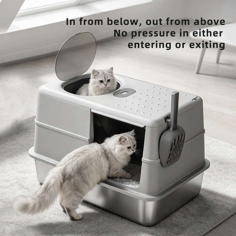 Large Size Upgrade Version Side Door Openable Full Enclosed Stainless Steel Cat Litter Box with Included Scoop