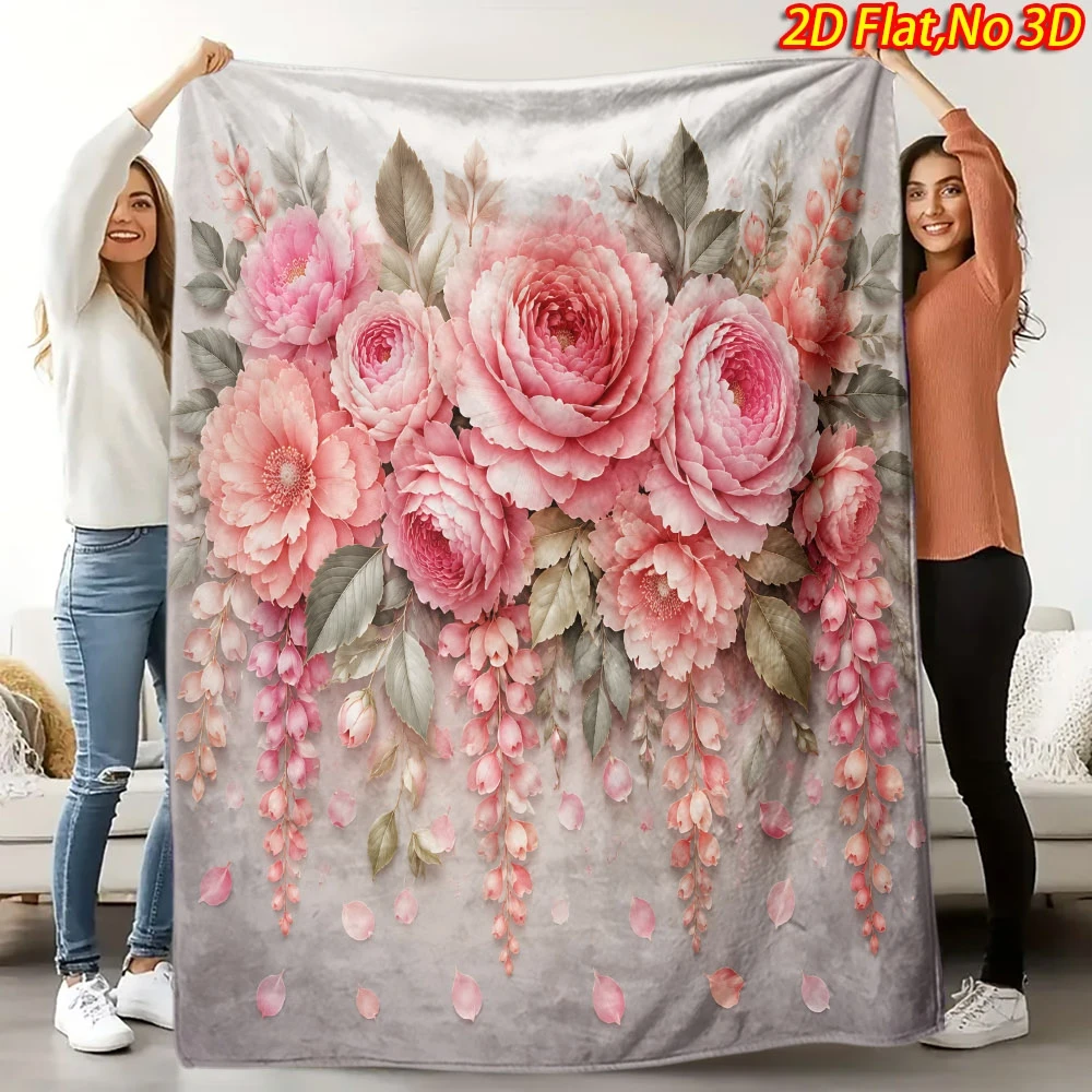 Vintage Watercolor Pink Peony Wisteria Falling Petal Gradient Grey Fleece Blanket Cozy Throw For Bed Wedding Room Decor Present