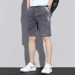 Shorts jeans casuais elásticos para homens, patchwork bordado estampado, zíper de bolso, calça versátil de cinco pontos, buraco reto, verão