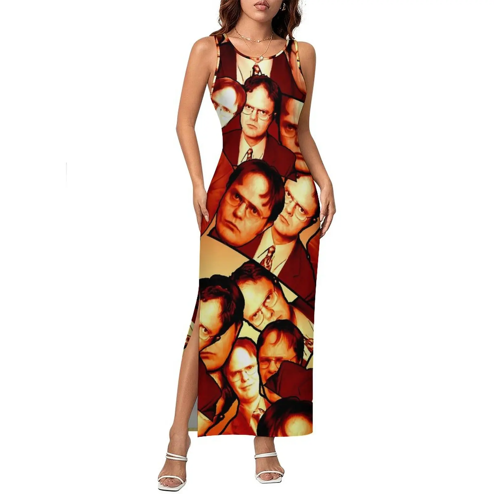 หญิงชุดเข้ารูปอินเทรนด์ Dwight Schrute พิมพ์ชุด Maxi ฤดูใบไม้ผลิสํานักงานแขนกุด Street สไตล์การออกแบบชุดขนาดใหญ่