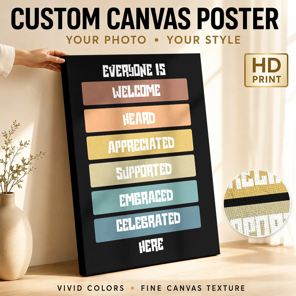 Everyone Welcome Inclusion Quote Wood Framed Canvas Print Personalized Photo Bold Statement Lettering Wall Art For Home Office