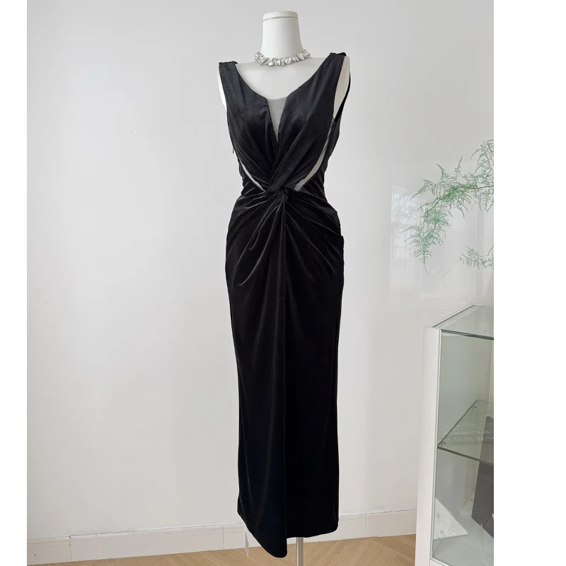 

Velvet Dress Women Sleeveless Mesh Patchwork Black Dress Sexy Criss-cross Split Bodycon Dress Evening Party Midi Dresses Female