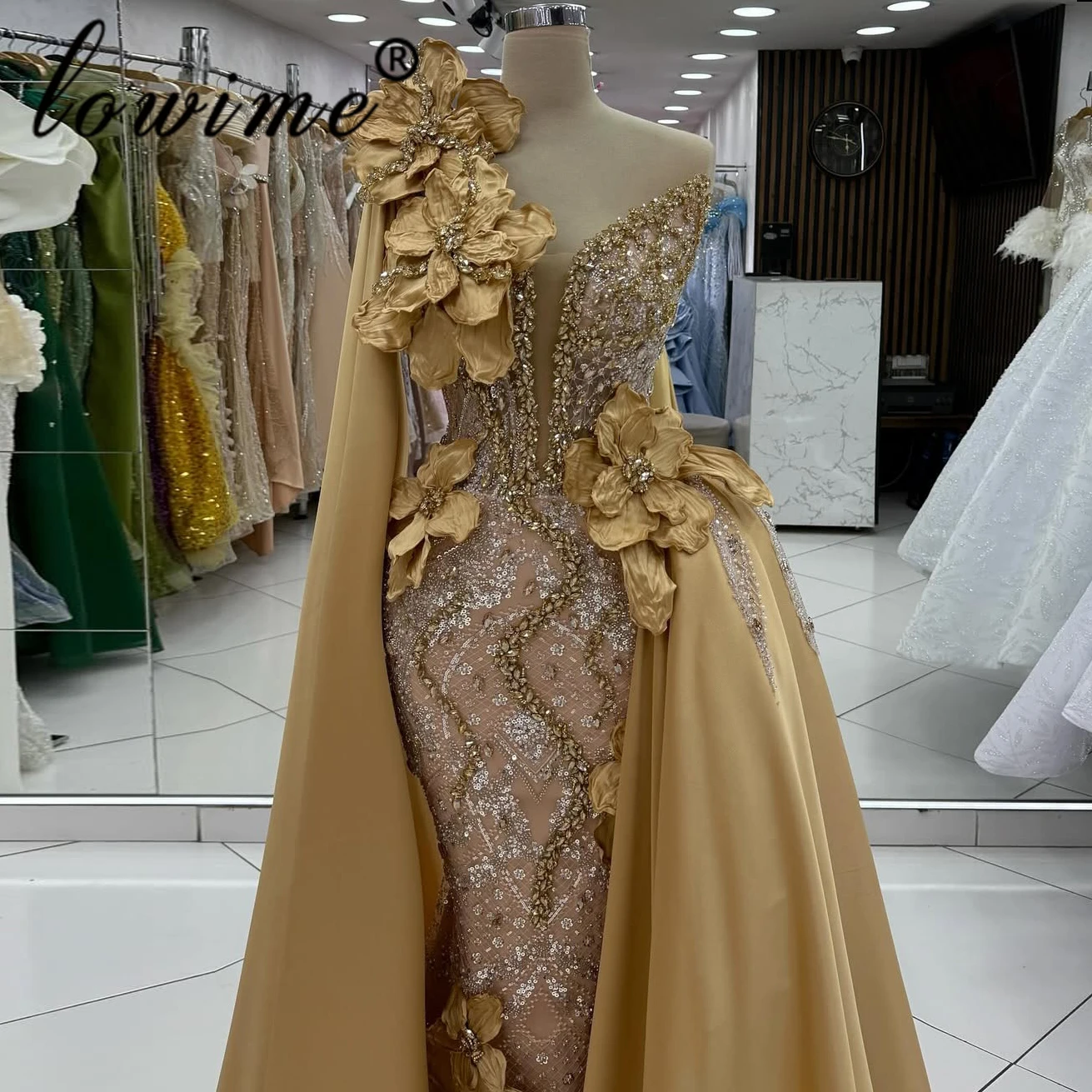 

Gold One Shoulder Mermaid Evening Dress with Side Train Cape Sleeve Prom Dress Dubai 3D Floral Celebrity Dress Customized 2026