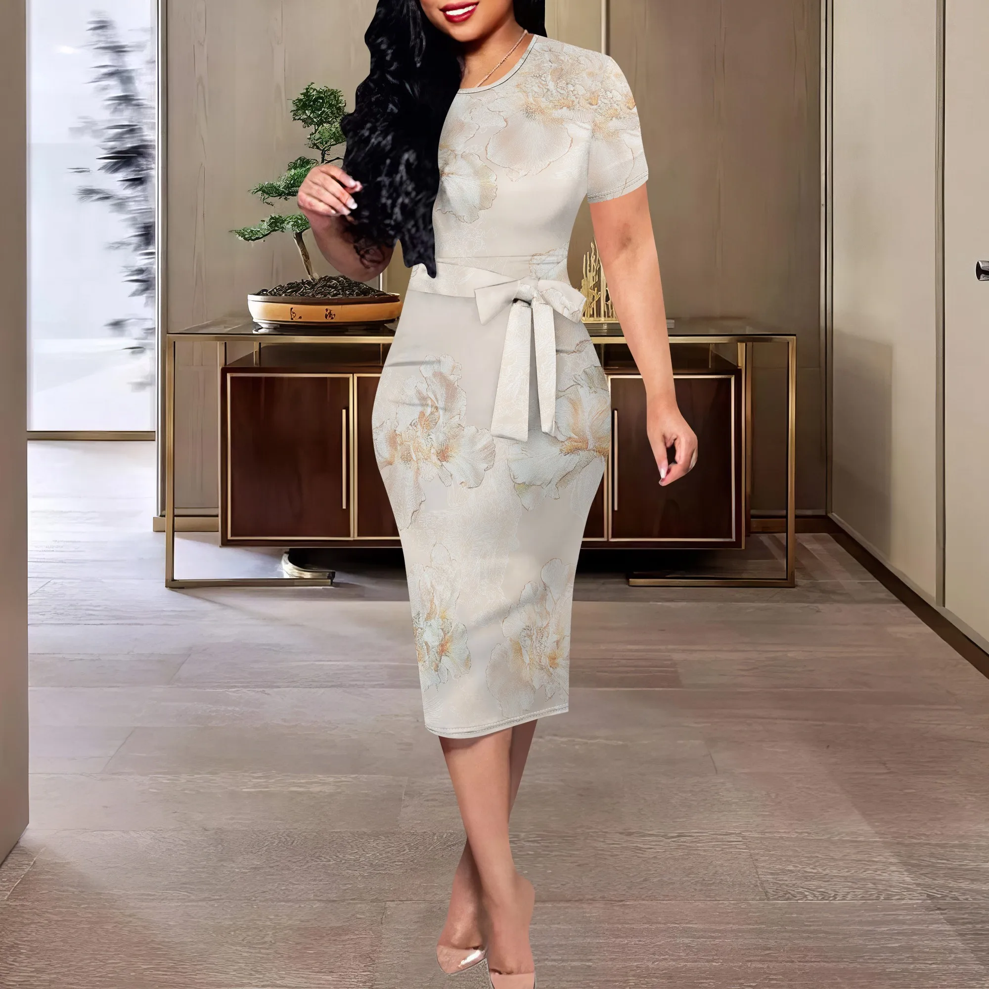 

Elegant Floral Midi Dress XS-3XL Short Sleeve Belted Summer Style for Church, Mother's Day or Wedding Guest Look