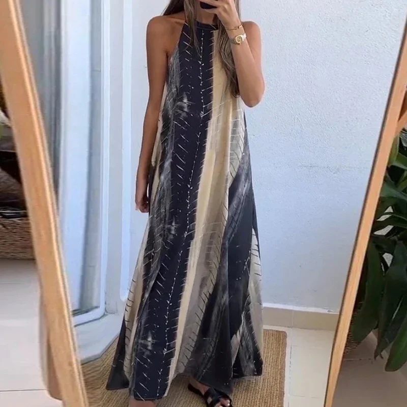 

Sexy Hollow Backless Printed Long Dress 2024 New Vintage Women Halter Bohemian Dress Summer Beach Loose Sleeveless Robe Dresses