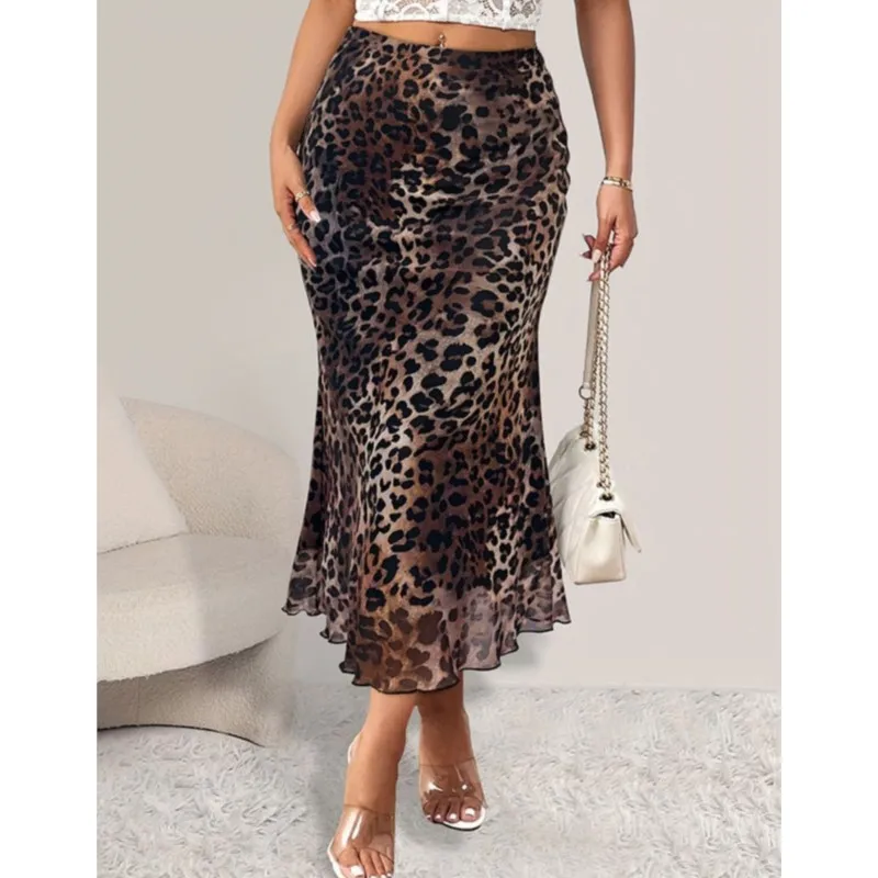 Women's Leopard Print Half Skirt New Classic High Waist Office Lady Loose A-line Skirt Fashionable And Elegant Female Long Skirt