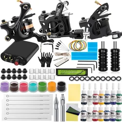 Complete Tattoo Set Coil Tattoo Machines Kit Tattoo Beginner Power Supply Grips Body Art Tools Permanent Makeup Tattoo Set