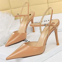 Eleganckie nowe letnie damskie 9.5cm wysokie obcasy klub nocny sandały w kolorze nude Strappy skórzane sandały z dziurką seksowne Gladiator Korea buty na studniówkę