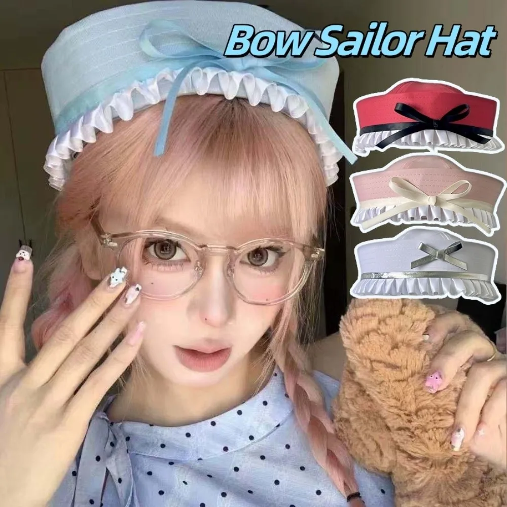 

Sweet Ruffle JK Bow Beret Flip Eaves Cosplay Sailor Hat Korean Style Dome Navy Cap Travel