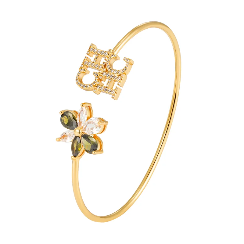 CH Elegant Two Tone Flower Zircon Cosplay Accessories Gold Plated Open Bangle Womens Horrorcosplay Costumeprops