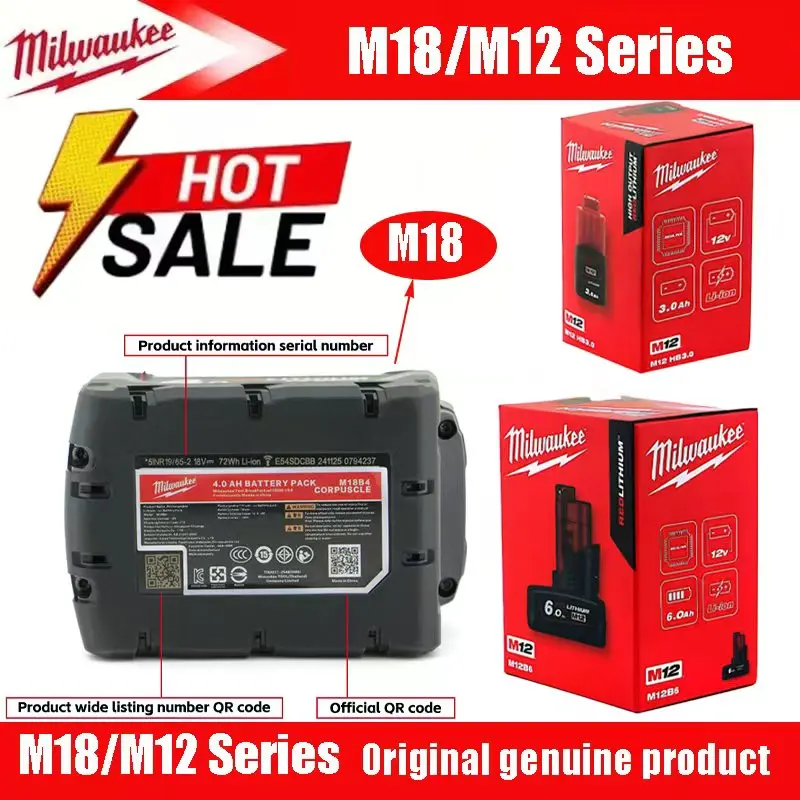 Baterie Milwaukee M18 M12 M12B6 M15B5 6000mAH 5000mAH, dobíjecí baterie pro nářadí, balení v barevné krabici, dlouhá výdrž 12V/18V - náhled 2