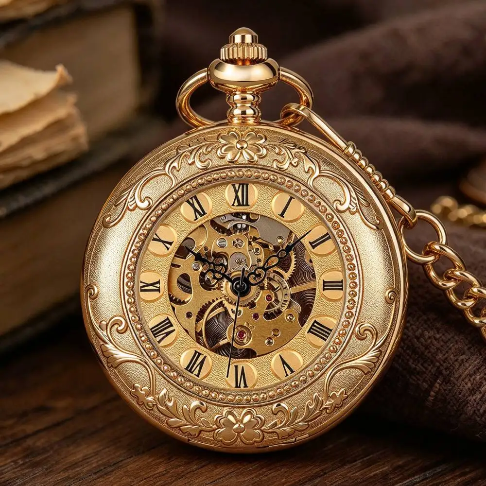 `Retro Double Hunters Mechanical Hand Winding Pocket Watch Roman Number Dial Floral Carved Case With Fob Chain Steampunk Gift`