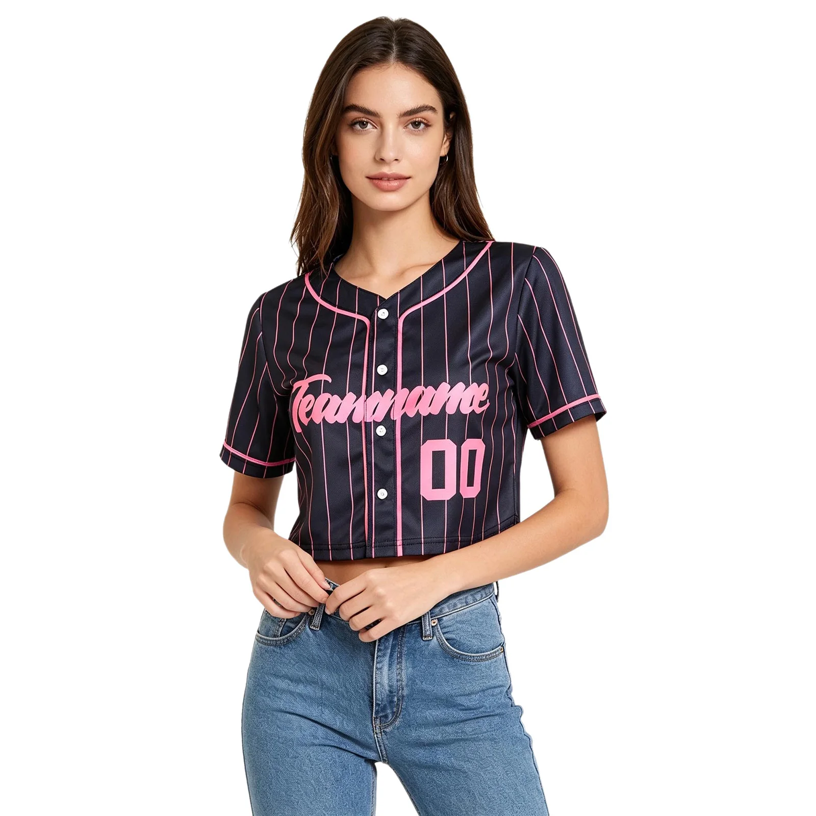 Women Cropped Baseball Top V Neck Short Sleeve Letters Print Striped Button Front for Casual Cheerleading Ball Games