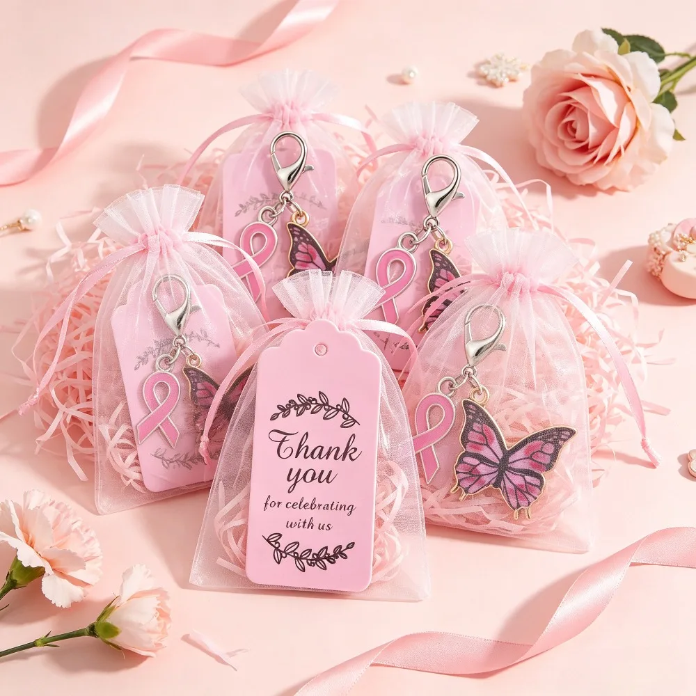 10‑30Sets Pink Ribbon Butterfly Keychain Breast Cancer Awareness Gift with Card Organza Bag Fundraiser Inspirational Party Favor