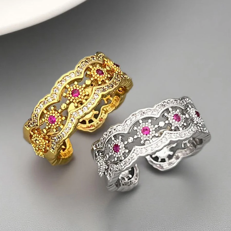 

Retro Palace Style Gold Hollow Open Ring Fashionable and High-End Micro-Encrusted Zircon Adjustable Index Finger Ring