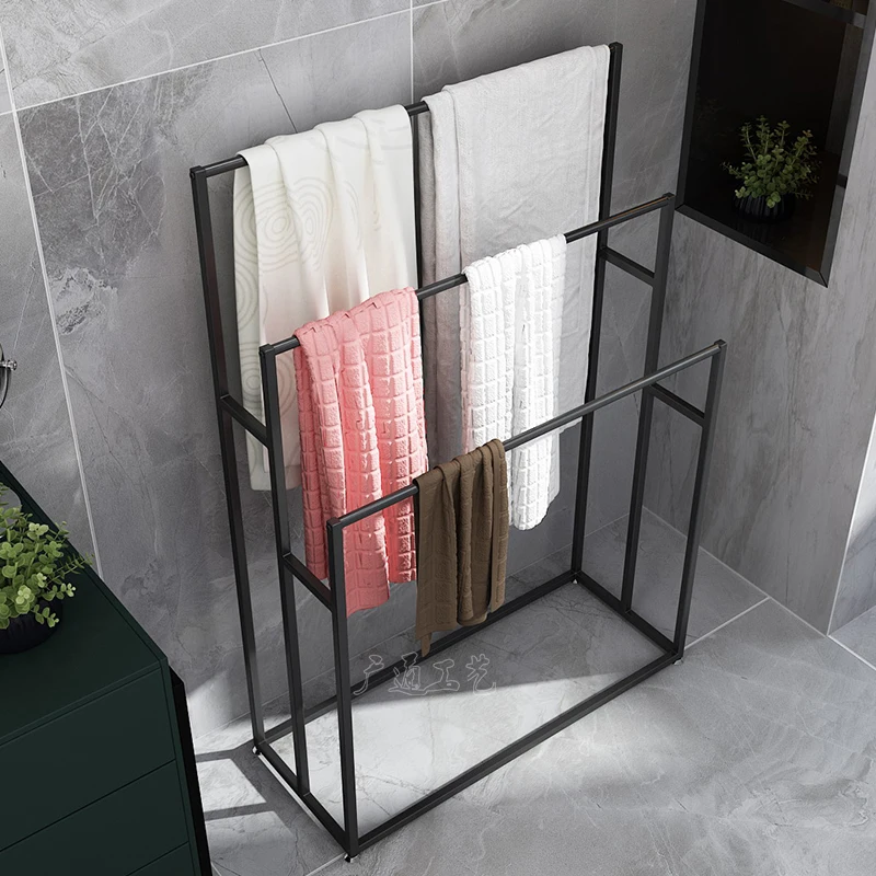 

Drill-Free Standing Towel Rack: Nordic Steel Bathroom Organizer with Shelf, Multi-Function Hanger for Towels/Bathrobes/Clothes