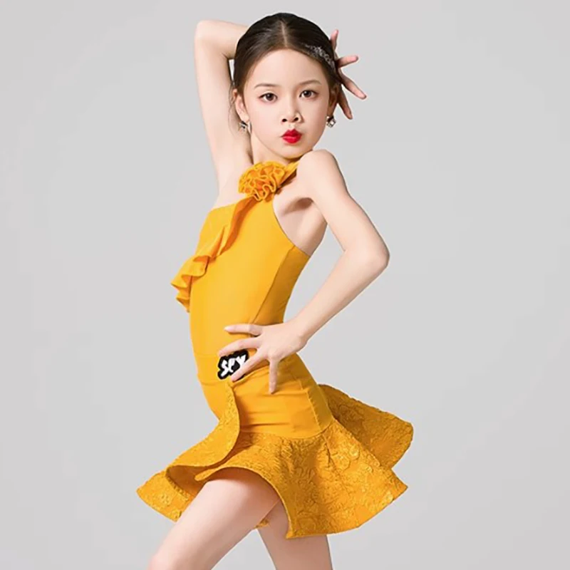 Vestido de baile latino con un hombro para niñas, mono, falda oscilante, Ropa de baile de salón, Rumba, entrenamiento, trajes de actuación de Chacha