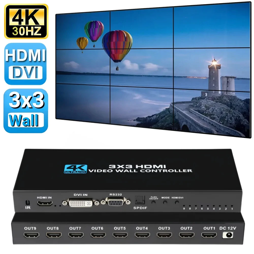 Controlador de pared de vídeo 4K HD 3x3 HD-MI DVI procesador de pared de vídeo 1X2 1X4 1X3 2X1 2x3 3x2 4X2 empalmador de procesador de pantalla multi video