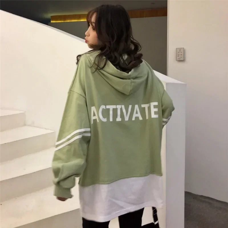 Spring Autumn Women New Version Of Fake Two-piece Front And Back Letter Printing Hooded Sweater Girl Student Korean Trend Y2k