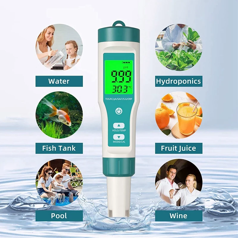 PH Meter, TDS Meter Eight In One PH Tester Meter EC Meter Salt Tester High Accuracy, Perfect For Water/Pool(Eight In One PH Mete