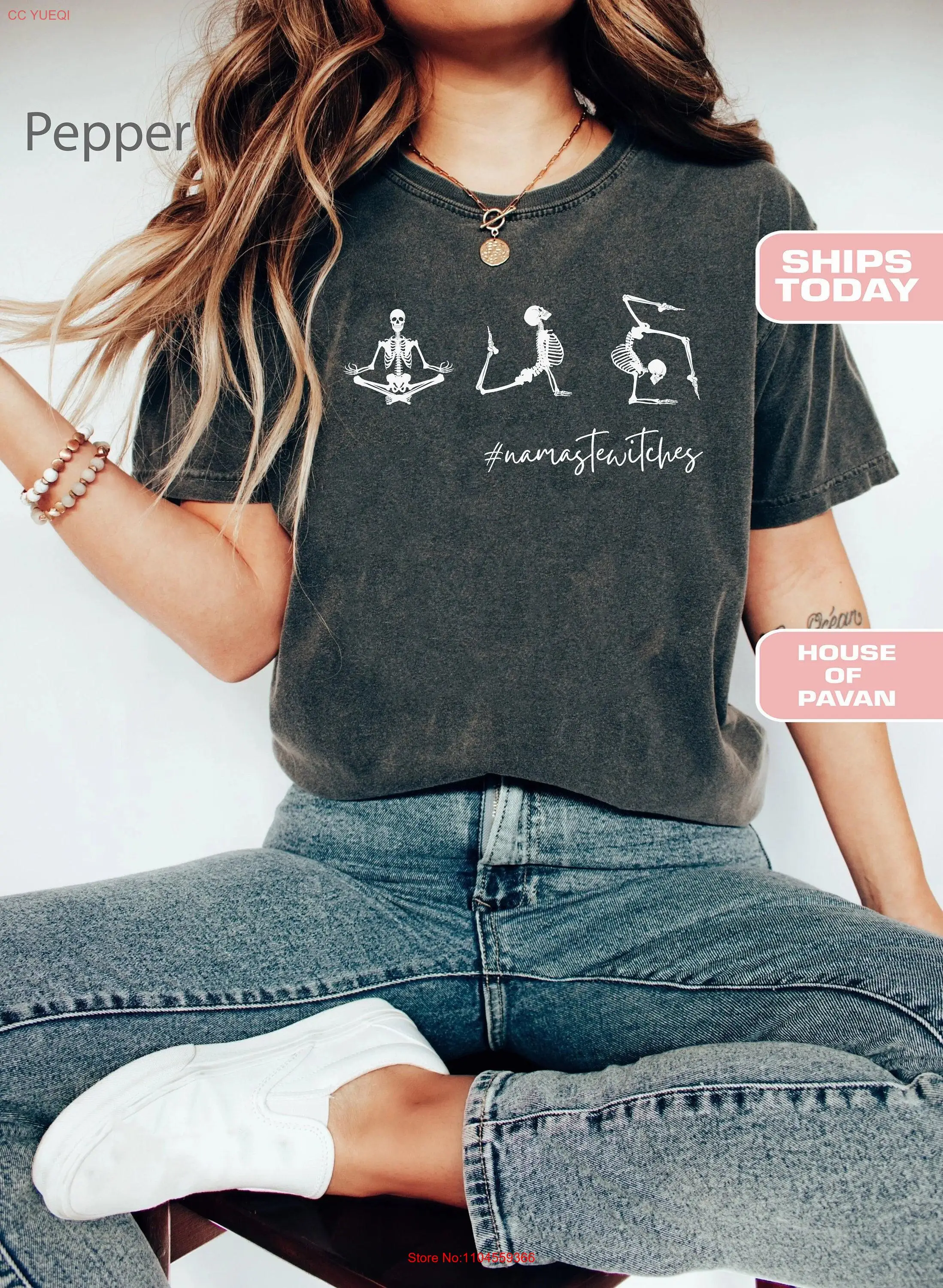 Namaste Witches Funny Yoga Poses Vintage T Shirt For Women Comfort Colors Cute Outfit Clothes Skeleton