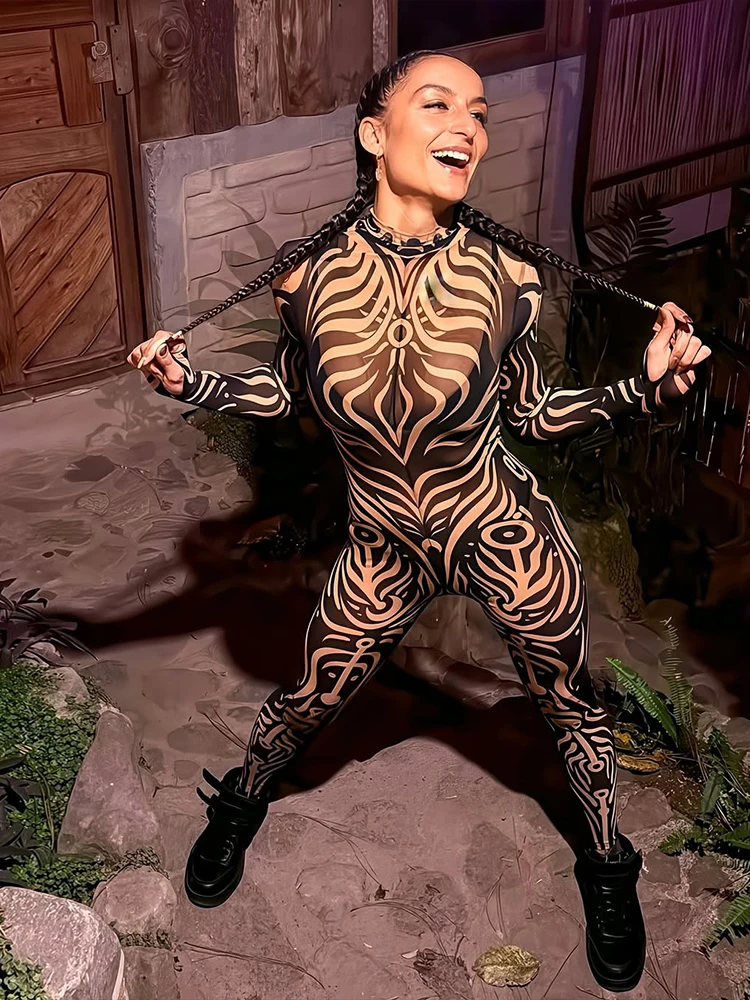 Cutenew 멋진 프린트 여성 점프 슈트 미적 매력적인 Y2K 터틀넥 풀 슬리브 오버올 여성 Vintage Nighout 원피스