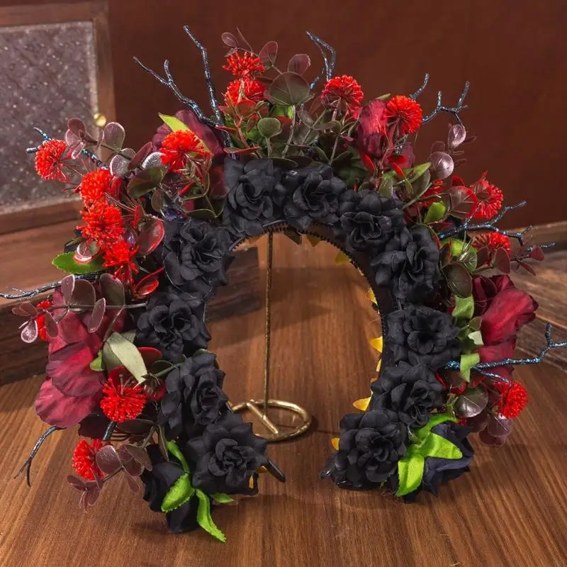 Barock Stil Blumen Stirnband mit Stoff Stoff Rosen für Frauen Gothic Hochzeit Haarschmuck Dunkelschwarz Rot Y08E – Detail 7