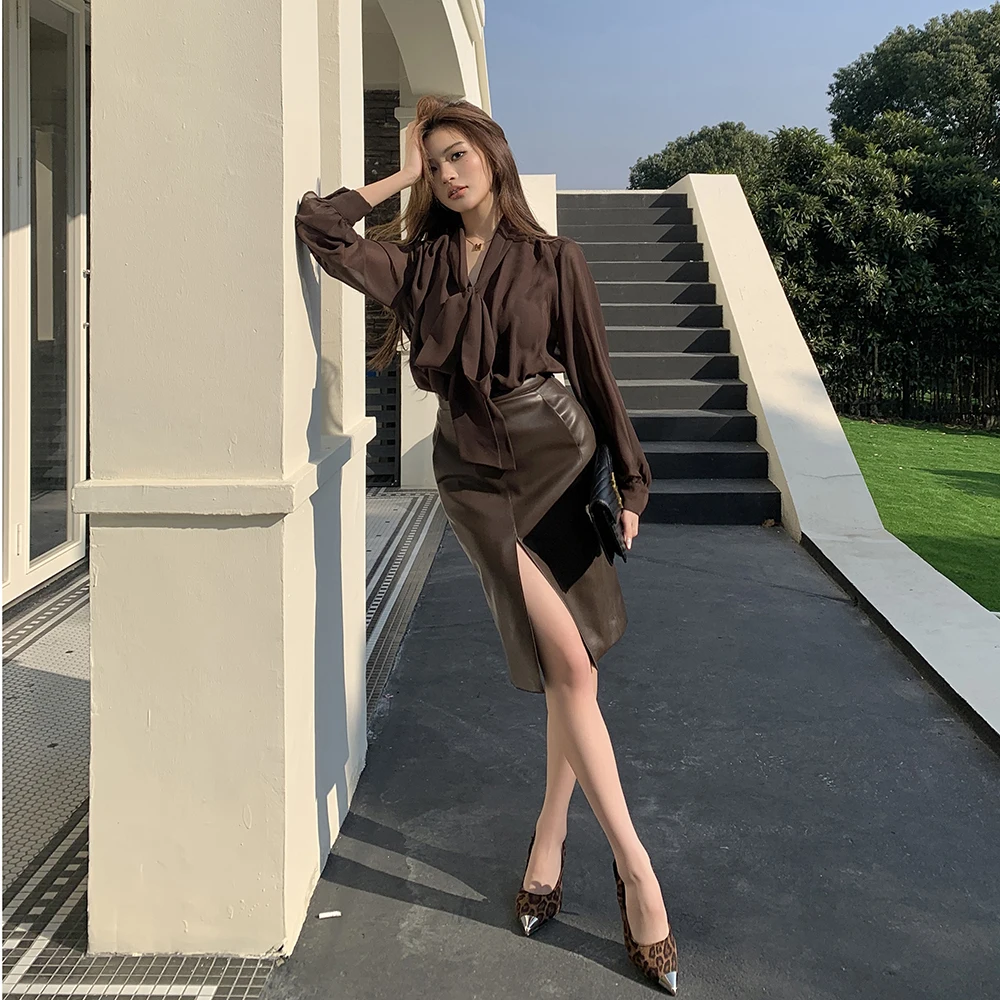 

Coffee PU Leather Skirts Women Korean Fashion High Waist Bodycon Zipper Split Skirt Spring Summer Office Midi Pencil Skirt Mujer