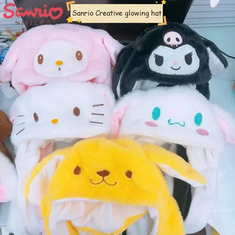 Sanrios anime kuromi chapéu luminoso de pelúcia cinnamoroll minha melodia olá kitty chapéu de inverno dos desenhos animados com orelhas móveis bonito presente das meninas