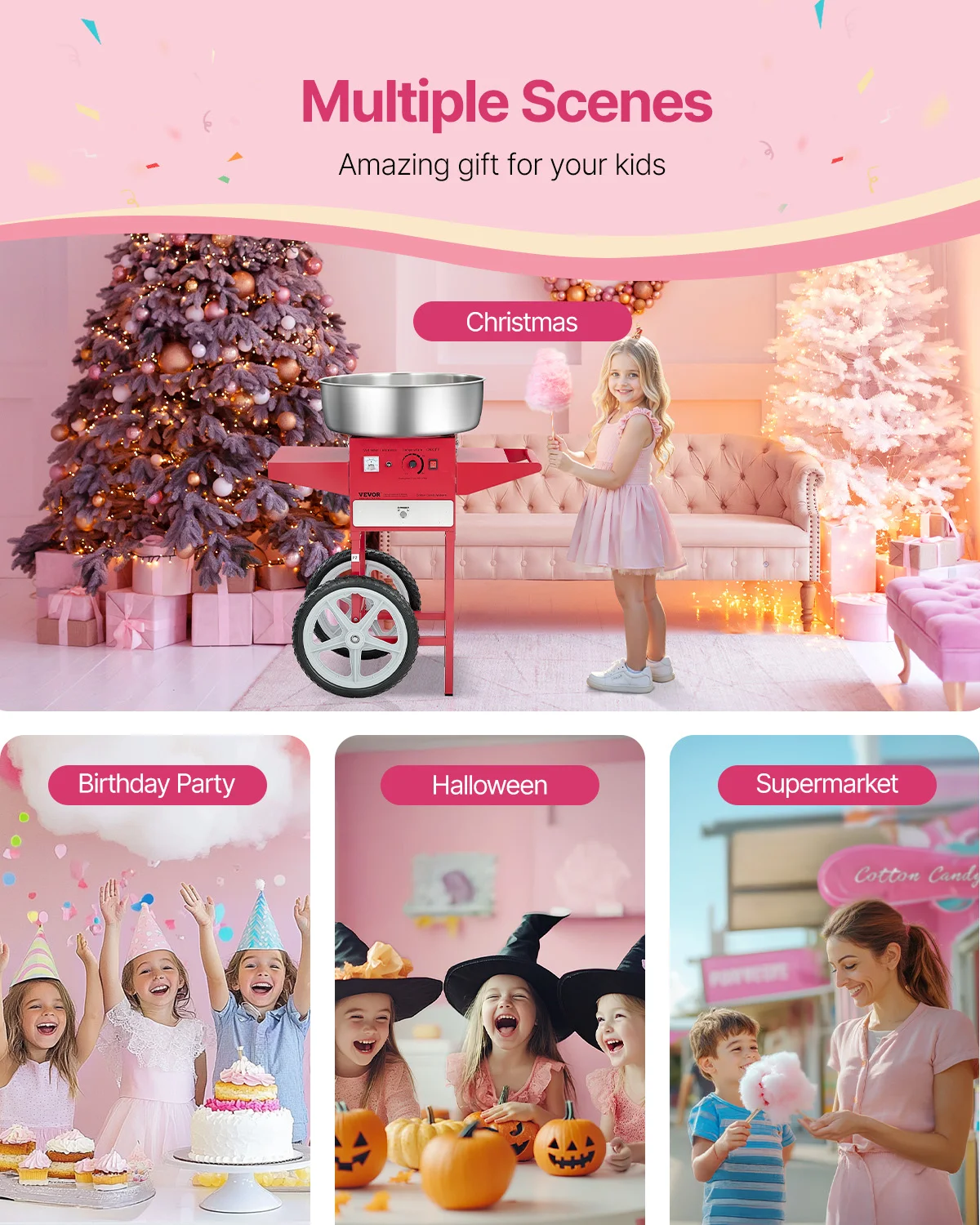 VEVOR 電動綿菓子機 カート付き 業務用綿菓子メーカー 20.5インチ ステンレススチールボウル付き 誕生日家族用