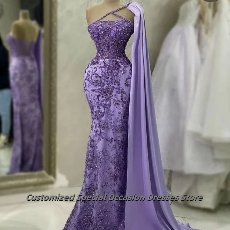 High Quality Purple Mermaid Evening Dresses One Shoulder Sequin Party Gowns For Formal Occasion Beaded Crystal Dress Customized