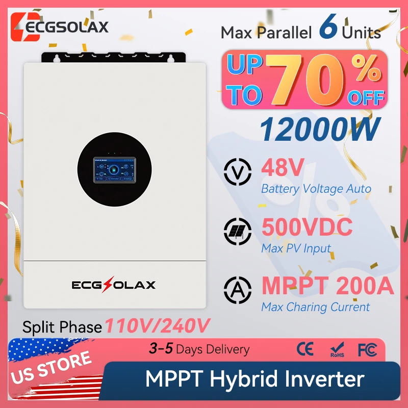 

Гибридный солнечный инвертор ECGSOLAX 12 кВт 48 В, 110 В/240 В, с разделением фаз, чистая синусоида, с контроллером заряда MPPT 200 А, для солнечных панелей 500 В