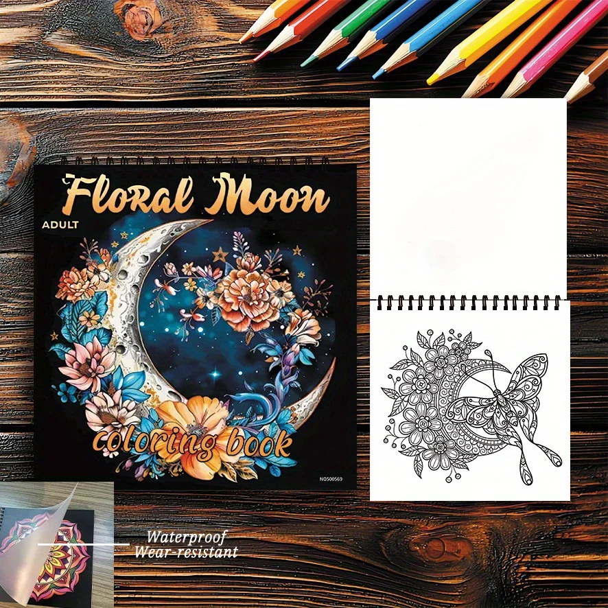 Adult Floral Moon Coloring Book - 8.27×8.27 Inches, 22 Pages. Floral Moon & Star Art. Magical Gift