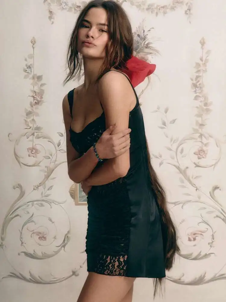 BabYoung Patchwork Satin See Through Lace Women Black Spaghetti Strap Mini Dress Female Spring Slim Elegant Party Clubwear